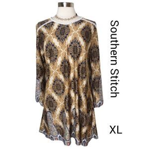 Women's Tunic XL Golden Medallion Crochet O-Ring Back Long Sleeves Top XL NWOT